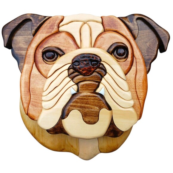 Hand Crafted Intarsia Wood English Bulldog Head Dimensional Mosaic Wall Hanging